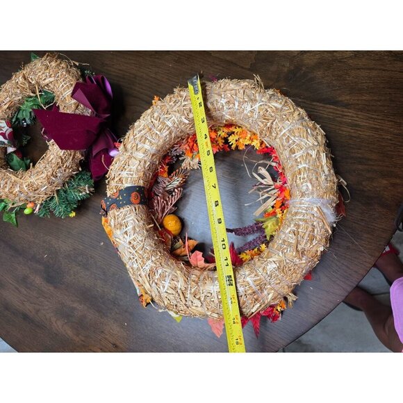 Handcrafted Fall Wreath With Mini Scarecrow & Witch Decor Straw Base Autumn Leav - Picture 6 of 14